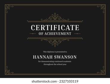 Certificate educational achievement graduation diploma document classic ornate black template vector flat illustration. Academic course college university school success completion flourishes design