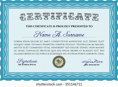 Certificate. Elegant design. With guilloche pattern and background. Frame certificate template Vector.