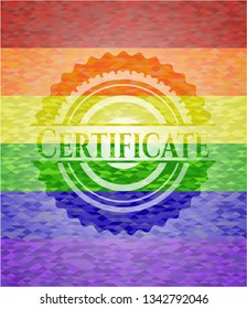 Certificate emblem on mosaic background with the colors of the LGBT flag