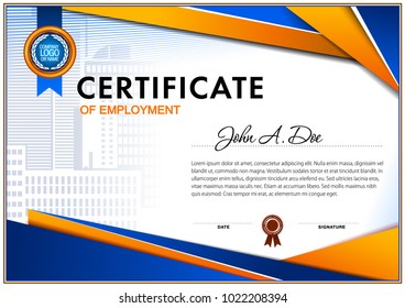 Certificate of employment. Blue and orange colors. Simple geometrical design.