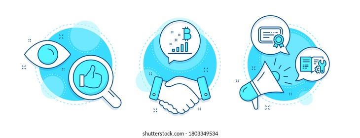 Certificate, Engineering documentation and Like line icons set. Handshake deal, research and promotion complex icons. Bitcoin graph sign. Verified document, Manual, Thumbs up. Vector