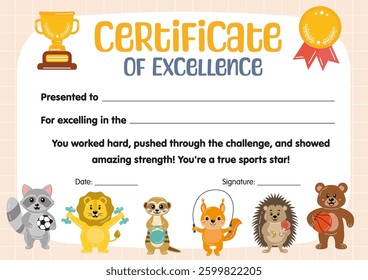 Certificate of excellence for kids in sport competitions. Diploma template for kids, certificate of appreciation for sport in school preschool kindergarten, summer camp. Certificate of achievement.