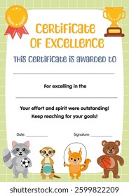 Certificate of excellence for kids in sport competitions. Diploma template for kids, certificate of appreciation for sport in school preschool kindergarten, summer camp. Certificate of achievement.