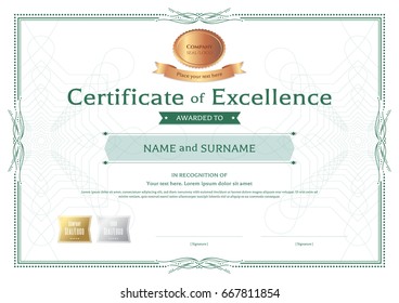 Certificate of excellence template with bronze award ribbon on abstract guilloche background with vintage border style