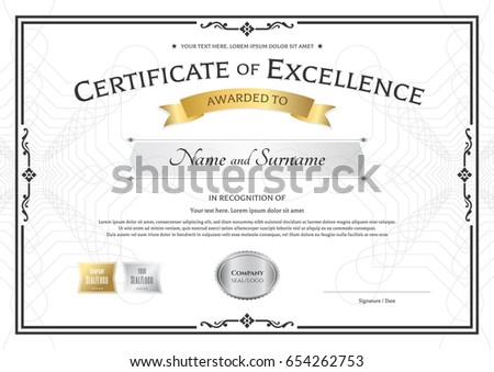 Certificate of excellence template with gold award ribbon on abstract guilloche background with vintage border style
