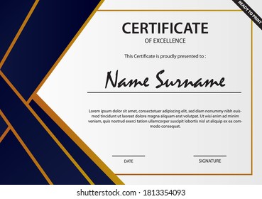 Certificate of excellence template, gold and blue color. Clean modern certificate. Certificate border template with luxury and modern line pattern. Certificate template ready to print. CMYK mode