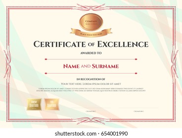 Certificate of excellence template on abstract ribbon background with vintage border style