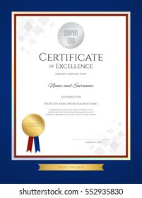 Certificate of excellence template in portrait with blue border and gold ribbon tag