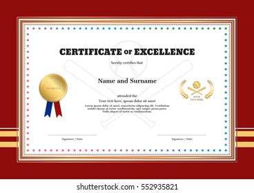 Certificate of excellence template in sport theme for baseball event with red baseball shirt style border and background