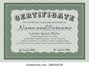 Certificate.  Excellent design.  With linear background.  Vector illustration.  Green color.