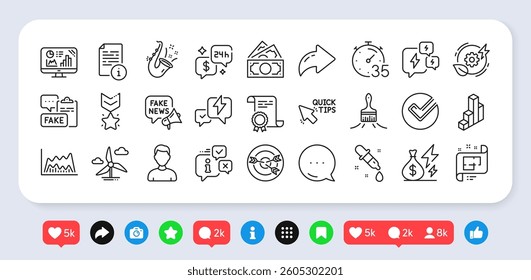 Certificate, Fake news and Money line icons pack. Social media: share, comment, like icons. Winner medal, Analytics graph, Manual web icon. Lightning bolt, Jazz, Architectural plan pictogram. Vector