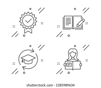 Certificate, Feedback And Continuing Education Line Icons Set. Woman Read Sign. Verified Award, Book With Pencil, Online Education. Girl Studying. Education Set. Line Certificate Outline Icon. Vector