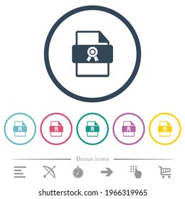 Certificate file flat color icons in round outlines. 6 bonus icons included.
