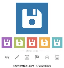 Certificate file flat white icons in square backgrounds. 6 bonus icons included.