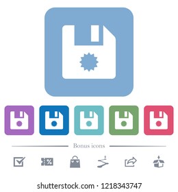 Certificate file white flat icons on color rounded square backgrounds. 6 bonus icons included