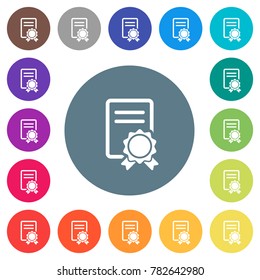 Certificate flat white icons on round color backgrounds. 17 background color variations are included.