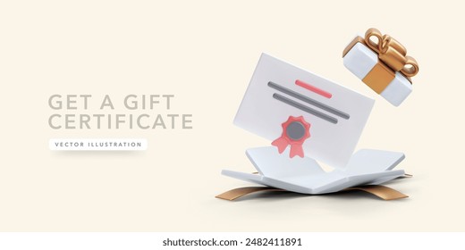 El certificado vuela fuera de la caja de regalo en estilo de dibujos animados 3D aislado sobre fondo claro. Ilustración vectorial