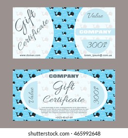 Certificate with a funny children's whales. Vector gift certificate for purchase in children's stores.