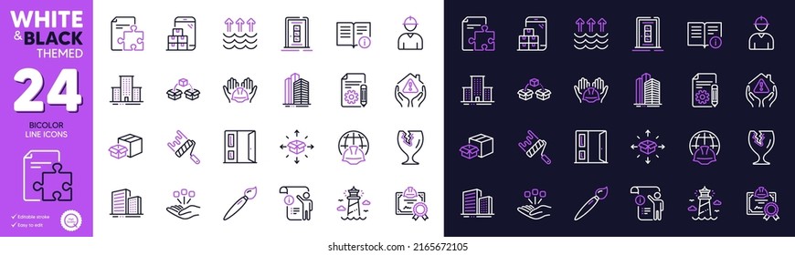 Certificate, Global engineering and Parcel shipping line icons for website, printing. Collection of Brush, Consolidation, Open door icons. Fragile package, Engineer. Bicolor outline icon. Vector