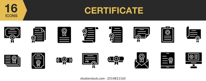 Conjunto de iconos de glifo de certificado. Incluye iconos de certificado y más. Colección de Vector de iconos sólidos.