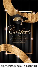 Certificate with gold design elements and curtain on the background. Vector illustration