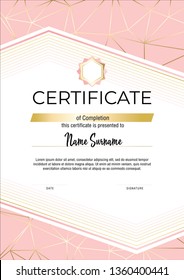 Certificate with gold lines on soft pink background. Modern fashion vertical Certificate template. Elegant diploma in vector.