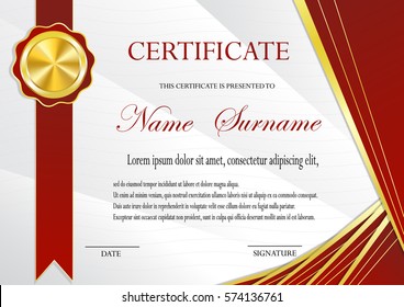 Certificate with gold medal template. Fashionable modern geometry vip red style. Vector illustration. Elegant design. Customizable, easy to edit and change colors and text. Luxury pattern, diploma.