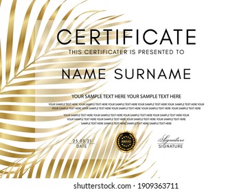 Certificate with gold palm leaf (branch) on white background and golden black medal. Luxury exotic design layout template useful for diploma, gift certificate, wedding card