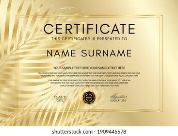 Certificate With Gold Palm Leaf (branch) On Golden Background And Golden Black Medal. Luxury Exotic Design Layout Template Useful For Diploma, Gift Certificate