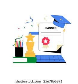 Certificate With Graduation Cap And Trophy In Flat Vector Illustration Symbolizing Academic Achievement, Education, And Success, Isolated On White Background.