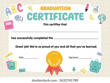 Certificate of graduation for kids, Certificate of appreciation for children. Graduating elementary school, kindergarten, course, program. Kids diploma template, for school preschool kindergarten.