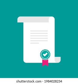 Certificate or grant. Course or training diploma with stamp or validation seal.  Legal document.  Licence. Vector flat illustration. 