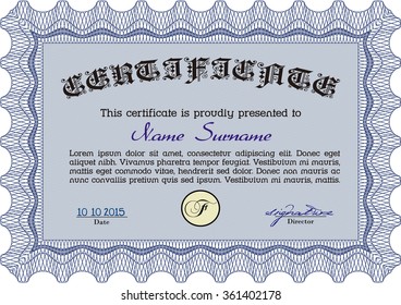 Certificate. With great quality guilloche pattern. Cordial design. Vector pattern that is used in money and certificate.
