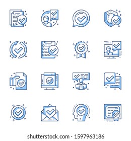 Certificate, guarantee legal documents linear icons set. Approve, confirm, accepted contour symbols isolated pack. Certified warranty with checkmark thin line illustrations collection