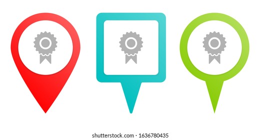 certificate, guarantee, license. Multicolor pin vector icon, diferent type map and navigation point.
