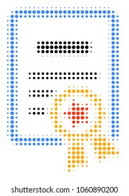 Certificate halftone vector pictogram. Illustration style is dotted iconic Certificate icon symbol on a white background. Halftone texture is round elements.