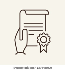 Certificate in hand line icon. Holding document or paper with seal. Insurance concept. Vector illustration can be used for topics like insurance document, diploma, approval, warranty