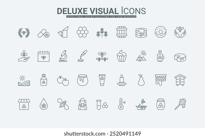 Zertifikat für Honig, Biene, Bienenstock, Sechseck-Wabe, Wachs für Kerze, Dipper und Glas dünnen schwarzen Umriss Symbole Vektorgrafik. Honigprodukte, Imker und Imkerei-Linie Icon-Set.