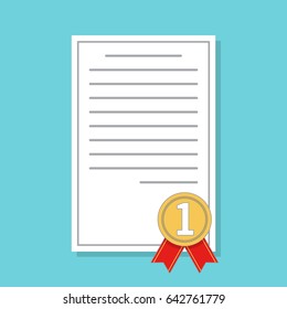 The certificate of honor with a sign for the first place in flat style a vector.The document confirming a victory. Diploma,award for the winner.design template with golden badge