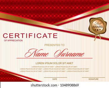 certificate horizontal, asymmetric in a modern, elegant geometric style, red and gold color with gold wax seal