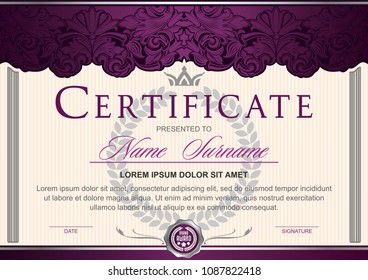 certificate horizontal in Royal style Vintage, Rococo, Baroque, glamour. Decorated with classic floral ornament, columns, flouris, crown.Dark purple with silver color