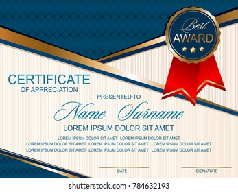 certificate horizontal in simple blue-and-gold style medal stamp