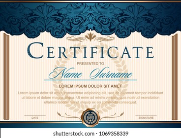 Certificate (horizontal) in the style of vintage, rococo, baroque in the form of a scene with scenes and columns. Decorated with classic floral ornament, flourish. blue-gold color scheme