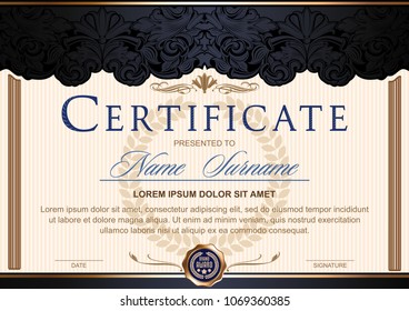 Certificate (horizontal) in the style of vintage, rococo, baroque in the form of a scene with scenes and columns. Decorated with classic floral ornament, flourish. black-blue, gold color scheme