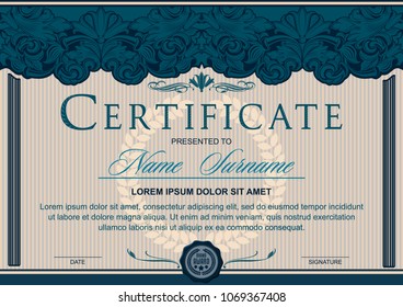 Certificate (horizontal) in the style of vintage, rococo, baroque in the form of a scene with scenes and columns. Decorated with classic floral ornament, flourish. Blue with beige color scheme