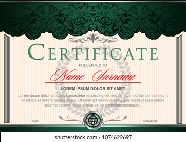 Certificate (horizontal) in the style of vintage, rococo, baroque in the form of a scene with scenes and columns. Decorated with classic floral ornament, flourish. Green with silver color scheme