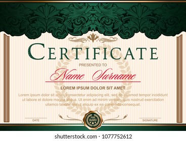 Certificate (horizontal) in the style of vintage, rococo, baroque in the form of a scene with scenes and columns. Decorated with classic floral ornament, flourish. Green with gold color scheme