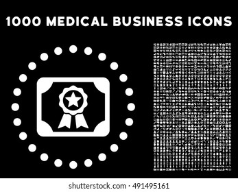Certificate icon with 1000 medical commerce white vector pictographs. Clipart style is flat symbols, black background.