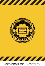 certificate icon black grunge emblem inside yellow warning sign. Vector Illustration. Detailed.