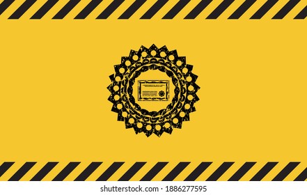 certificate icon black grunge emblem inside yellow warning sign. Vector Illustration. Detailed. 